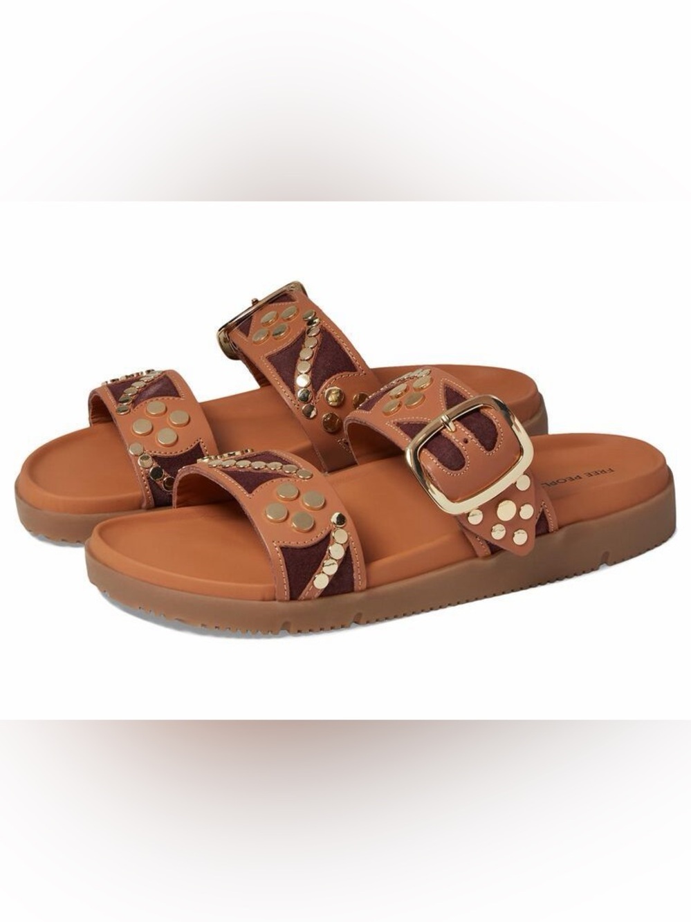Free People Revelry Tan Leather Studded Slide Sandals - Boho Slip-On-Size 8 NWT
